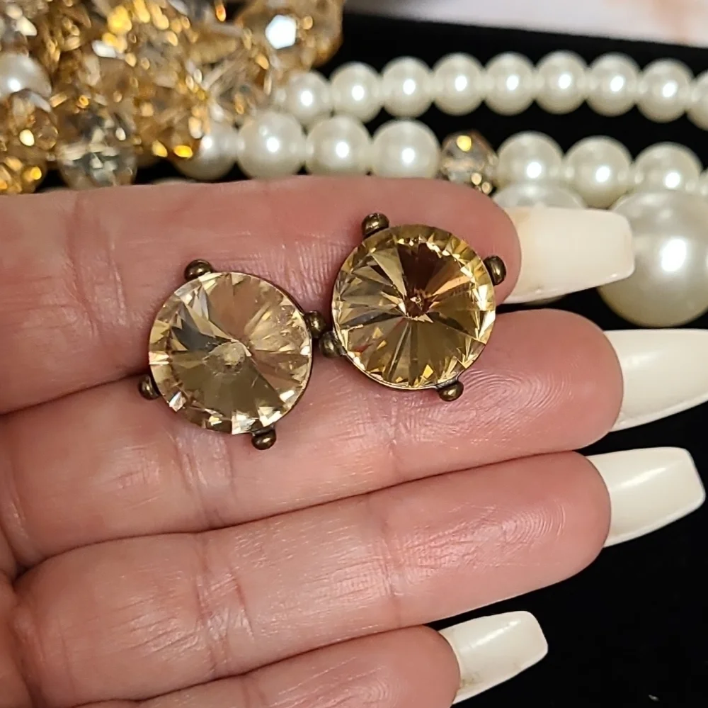 Champagne Crystal Large Stud Antiqued Gold Earrings